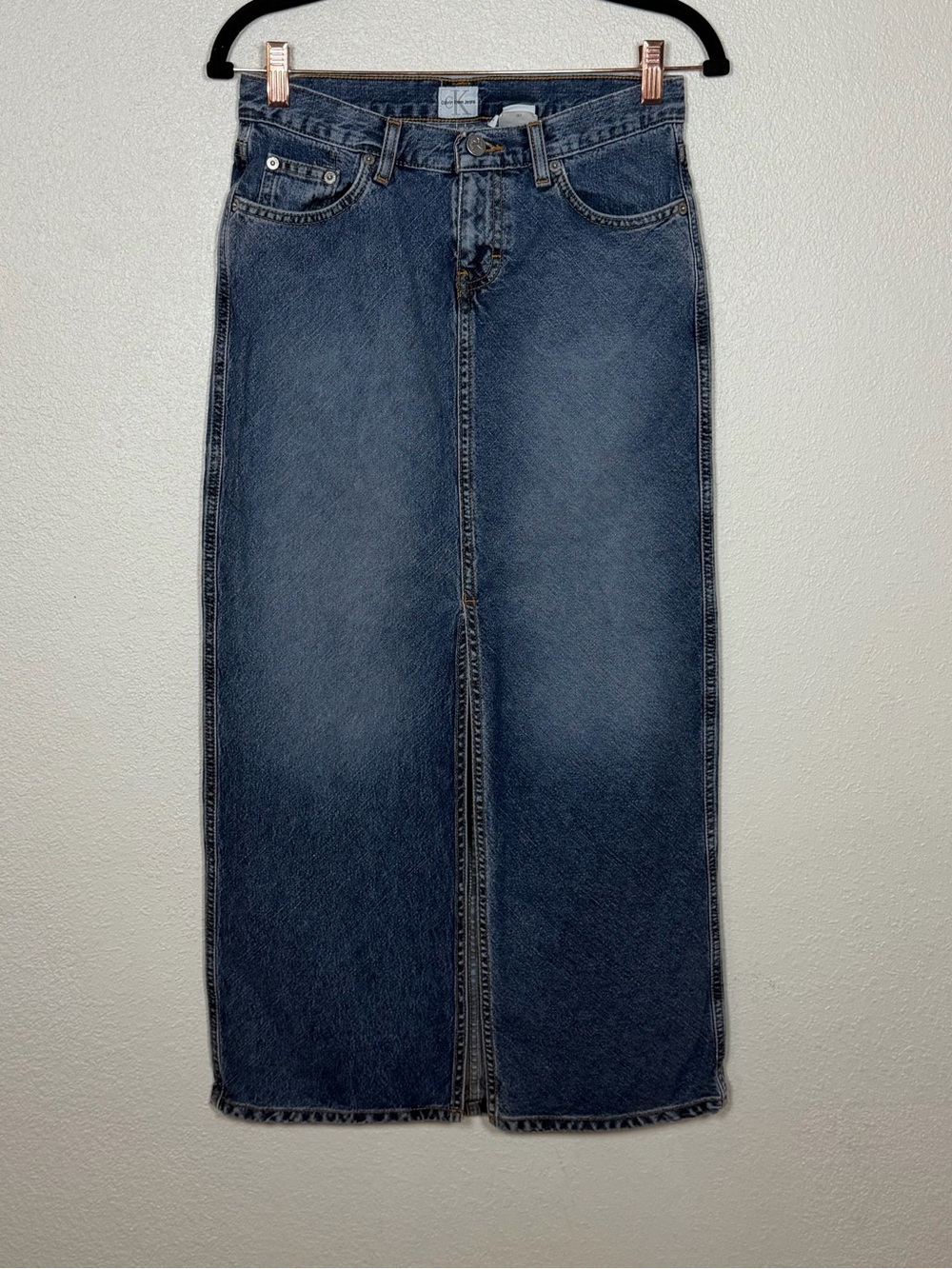 2007 Calvin Klein 3 Low Rise Denim Maxi Skirt Slit Y2K 90s Grunge Indie Sleaze